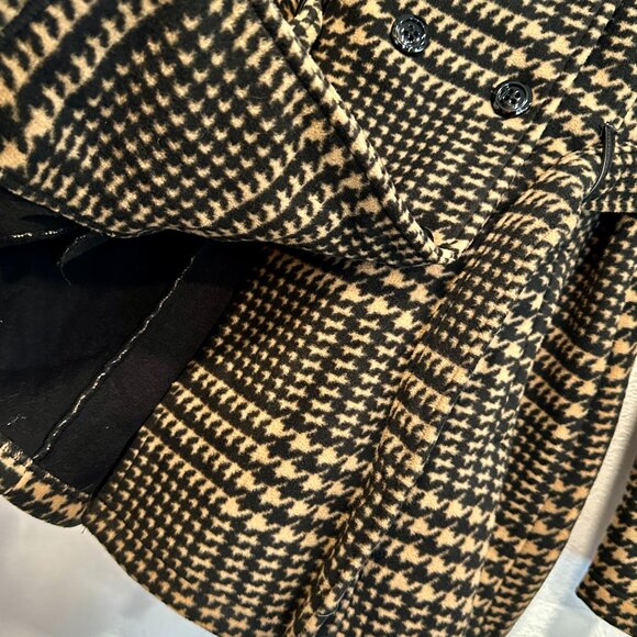 Sebby Houndstooth Large Pea Coat Jacket Black Brown Belted Pockets EUC Button Up - Picture 7 of 9